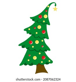 Cartoon Christmas tree, pine for greeting card, invitation, banner, web. New Years and xmas traditional symbol tree with garlands, light bulb, star. Winter holiday
