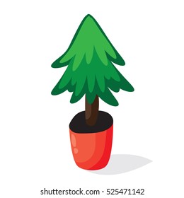 Cartoon Christmas tree in the pot. Flat vector illustration. Green fir isolated on white background