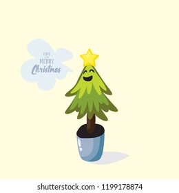 Cartoon Christmas tree in the pot wish you to have a very Merry Christmas. Flat vector illustration. Green fir isolated on white background