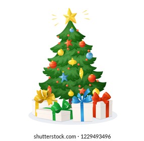 Cartoon Christmas tree with presents isolated on white background. Decorations with stars, balls and garlands. Holiday gift boxes with bow, vector illustration. For New Year cards, banners, posters.