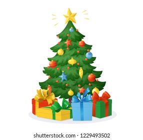 Cartoon Christmas tree with presents isolated on white background. Decorations with stars, balls and garlands. Holiday gift boxes with bow, vector illustration. For New Year cards, banners, posters.