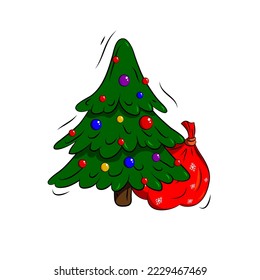 Cartoon Christmas tree with red bag on white background. Funny hand drawn illustration for your New Year design.