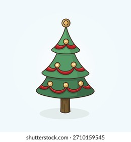 Árvore de Natal com arco vermelho, fitas e ornamentos dourados em estilo plano. Perfeito para cartazes de férias, camisas, adesivos, postagens sociais e marca.