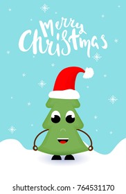 Cartoon Christmas tree in red cap. Hand drawn lettering. Vector illustration. 