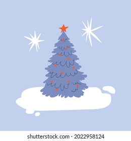 Cartoon Christmas tree with a red star on the snow on a blue background. Christmas greeting card. Vector stock illustration isolated