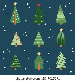 Cartoon-Weihnachtsbaum auf dunkelblauem Hintergrund - flaches Design