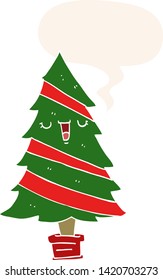 árbol de navidad de caricatura con burbuja de habla en estilo retro