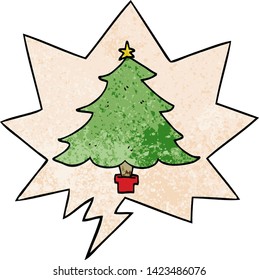 árbol de navidad de dibujos animados con burbuja de habla en estilo de textura retro