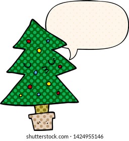 cartoon christmas tree with speech bubble in comic book style