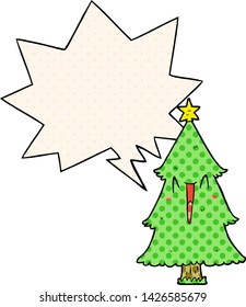 árbol de navidad de caricatura con burbuja de habla en estilo de libro de historietas