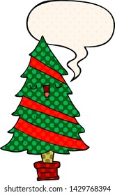 cartoon christmas tree with speech bubble in comic book style