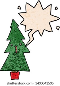 cartoon christmas tree with speech bubble in retro texture style
