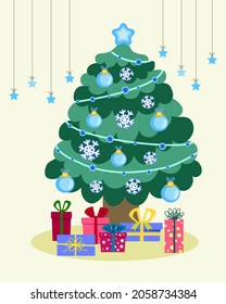 Cartoon Christmas tree with star, blue balls and garland. Gift boxes with bow. New Year and Merry Christmas greeting card, poster, banner in flat style