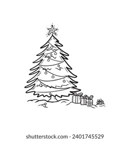 Cartoon Christmas tree with star on top and lights with presents in black isolated on white background. Hand drawn vector sketch illustration in doodle vintage engraved. Merry Christmas,Happy new year