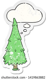 árbol de navidad de dibujos animados con burbuja de pensamiento como pegatina gastada angustiada
