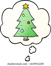 árbol de navidad de dibujos animados con burbuja de pensamiento en un estilo de gradiente suave