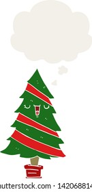 árbol de navidad de dibujos animados con burbuja de pensamiento en estilo retro