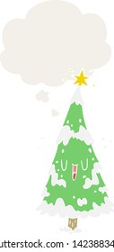 cartoon christmas tree with thought bubble in retro style