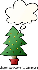Cartoon-Weihnachtsbaum mit Gedankenblase im sanften Farbverlauf-Stil