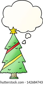 árbol de navidad de dibujos animados con burbuja de pensamiento en un estilo de gradiente suave