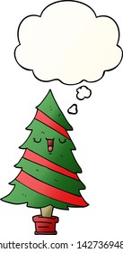 árbol de navidad de dibujos animados con burbuja de pensamiento en un estilo de gradiente suave