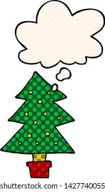 árbol de navidad de caricatura con burbuja de pensamiento en estilo de libro de historietas