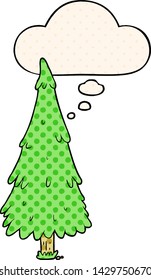 árbol de navidad de caricatura con burbuja de pensamiento en estilo de libro de historietas