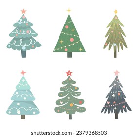 Cartoon Christmas trees collection. Vector set illustration on White background.