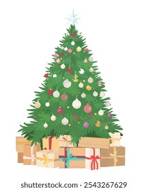 Cartoon Christmas trees with garlands, ball, toys and presents. Vector Christmas trees character illustration on white background.