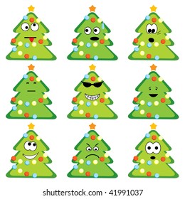 Cartoon christmas trees set with different emotions. Vector illustration.