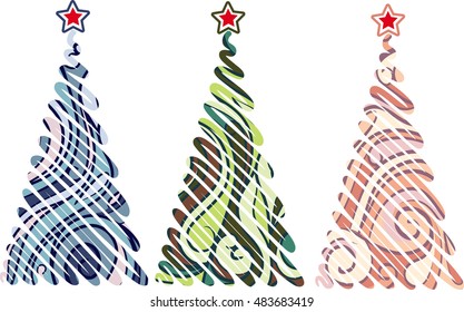 Cartoon Christmas trees with swirled patterns. Hand drawn vector stock illustration
