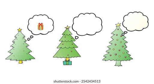 Árvores de Natal de desenhos animados com bolhas de pensamento - Ilustração de férias.