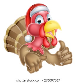 Cartoon Christmas turkey mascot giving a thumbs up and wearing a Santa hat