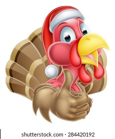Cartoon Christmas turkey mascot giving a thumbs up and wearing a Christmas Santa hat