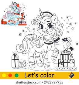 Cartoon Christmas unicorn and gifts. Kids coloring book page. Unicorn character. Black contour, white background. Vector isolated illustration with color template. For coloring, print,design, stickers