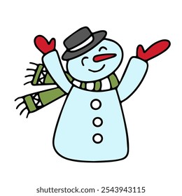 Cartoon Christmas vector drawing. Funny snowman in a hat and mittens