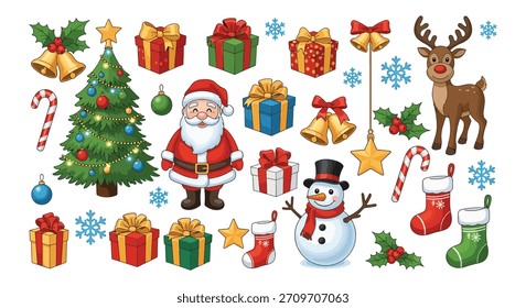 Conjunto de Vector de Navidades de dibujos animados Personajes de Festiva y Elementos festivos Colección