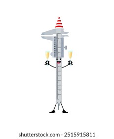 Navidades de dibujos animados Vernier calibre de bricolaje y reparación herramienta carácter alegremente sostiene copas de champán. Personaje de instrumento de construcción de medición de Vector aislado que disfruta de la celebración de vacaciones con una alegría