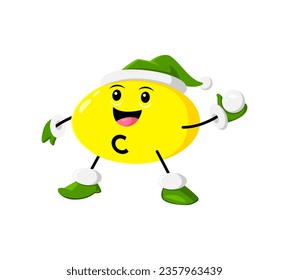 Cartoon Christmas vitamin C character enjoys playfully tossing snowballs at friends. Isolated vector mischievous Ascorbic acid personage wearing elf hat creating laughter and holiday cheer on vacation