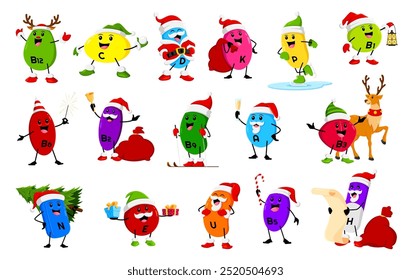 Cartoon Christmas vitamin characters. Winter holiday season, Merry Christmas funny B12, C, D and K, P, A vitamin vector cheerful personages set with gifts bag, skiing and wearing Santa Claus hat