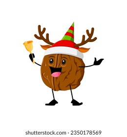 Cartoon Christmas walnut nut character rings a bell. Isolated vector nutty kernel. protein food personage wear festive hat with reindeer horns joyfully knolling, celebrating Xmas holiday cheer