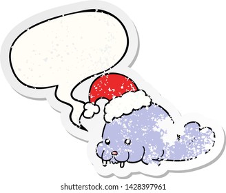 cartoon christmas walrus with speech bubble distressed distressed old sticker