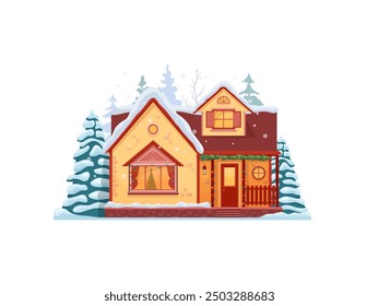 Cartoon Christmas winter house facade exterior. Snowy home building. Isolated vector charming inviting suburban mansion. Glistening snow blankets a cozy cottage adorned with festive lights and garland