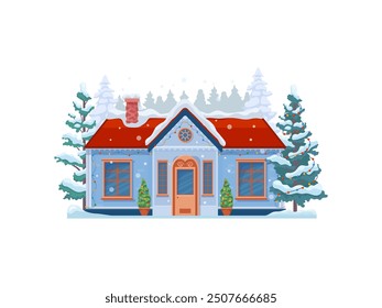 Cartoon Christmas winter house facade exterior. Snowy home building. Isolated vector cottage with twinkling lights, potted pine trees and snow-draped roof. Cozy welcoming mansion exudes festive spirit