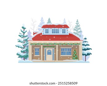 Cartoon natal inverno casa fachada exterior. Prédio de casa nevado. Vetor isolado encantador convidativo mansão. Cobertores de neve brilhantes uma cabana acolhedora adornada com luzes festivas, grinaldas, guirlandas