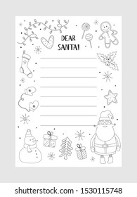 Cartoon Christmas wish christmas items. Coloring page. A letter to Santa Claus template. Christmas background with a place for Christmas gifts for Santa wish list. Vector illustration.