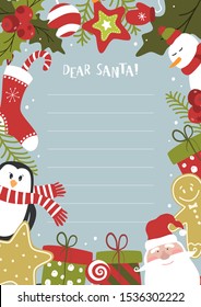 Cartoon Christmas wish christmas items. A letter to Santa Claus template. Christmas background with a place for Christmas gifts for Santa wish list. Vector illustration.