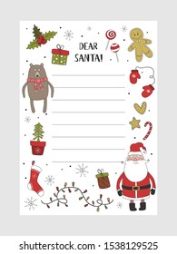 Cartoon Christmas wish christmas items. A letter to Santa Claus template. Christmas background with a place for Christmas gifts for Santa wish list. Vector illustration.