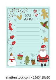 Cartoon Christmas wish christmas items. A letter to Santa Claus template. Christmas background with a place for Christmas gifts for Santa wish list. Vector illustration.