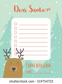 Cartoon Christmas wish list with christmas trees and deer.
A letter to Santa Claus template.
Christmas background with a place for Christmas gifts for Santa wish list.
Vector illustration gift design.